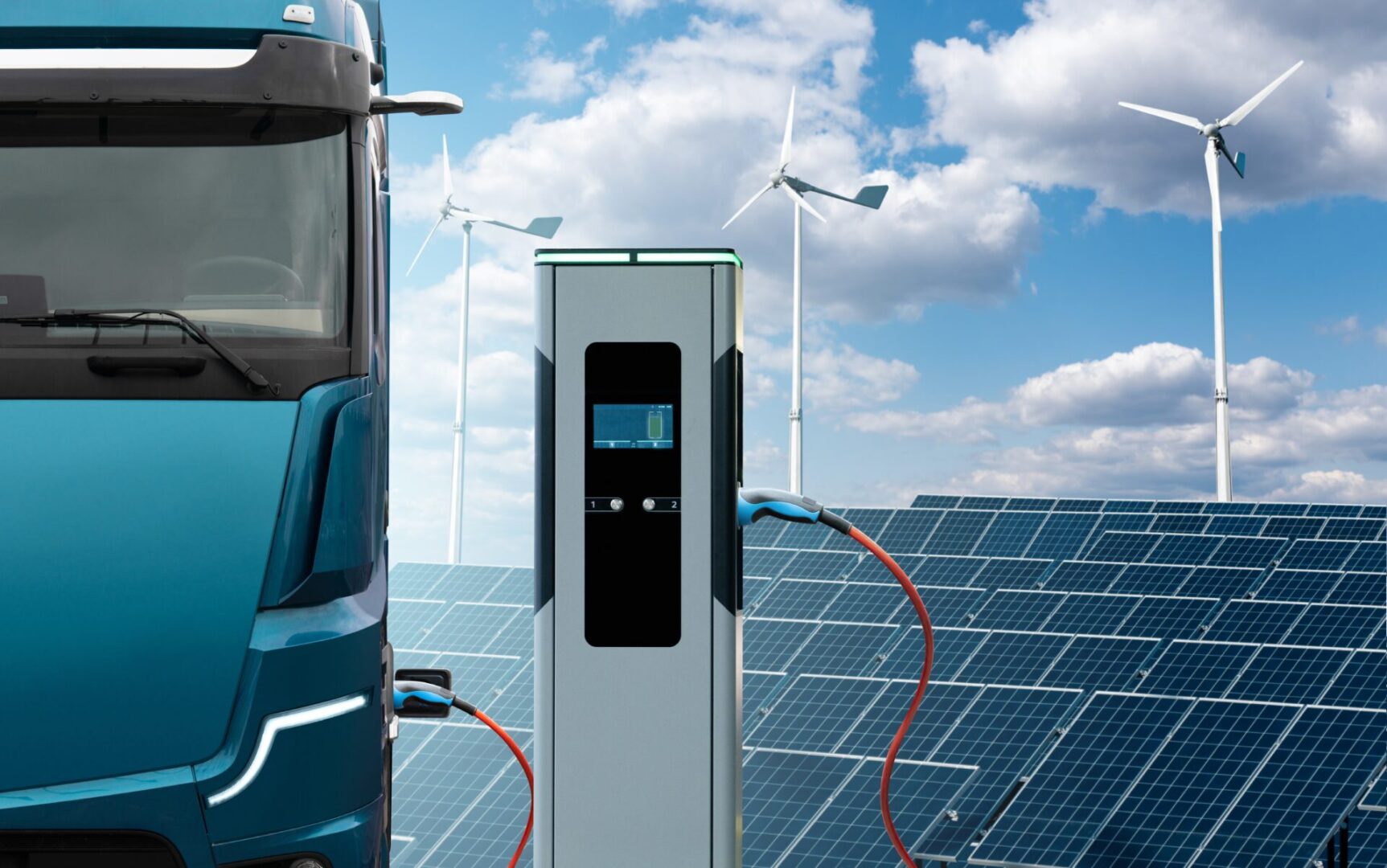 Electric,Truck,With,Charging,Station,On,A,Background,Of,Solar